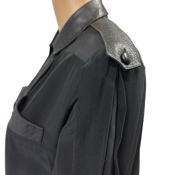Silk Kenica Black with Textured Leather Accents 2 Pocket Long Sleeve Blouse 8 - Picture 8 of 12